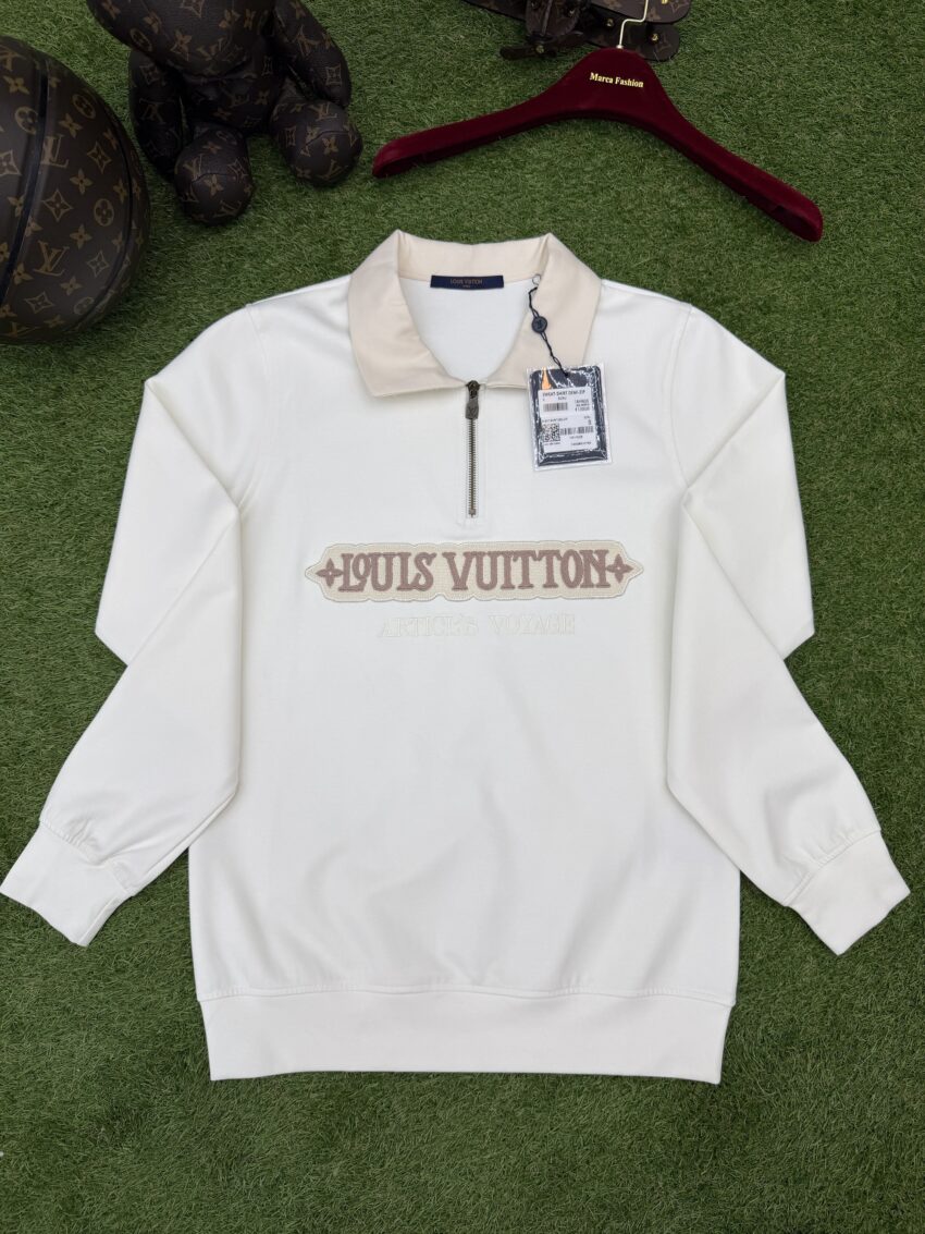 LV Long Sleeve Polo - White & Beige
